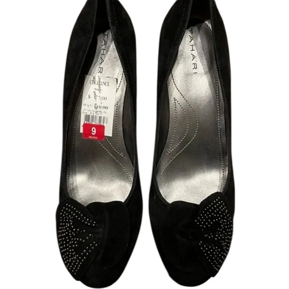 Tahari David Black Suede Pumps Rhinestone Embellished Bow Women’s Size 9 Heels